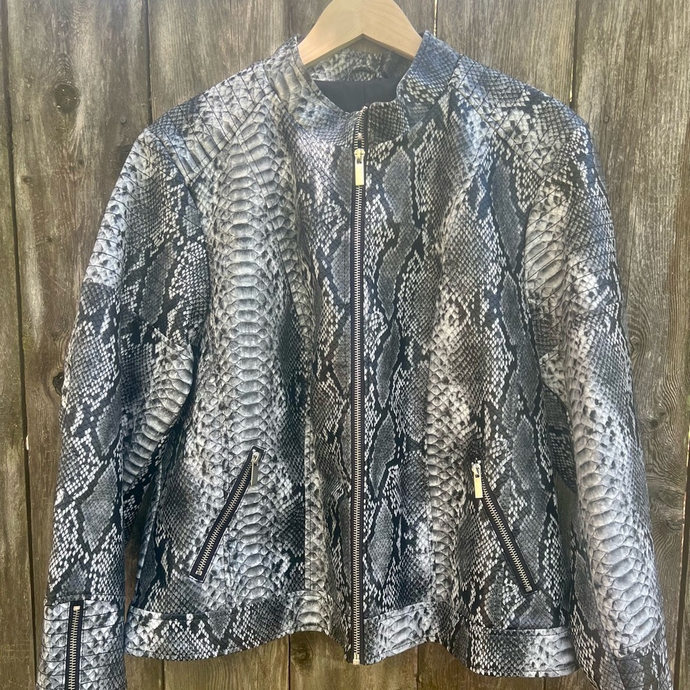 Faux Snakeskin Leather Jacket Gray/Black Sz 1X